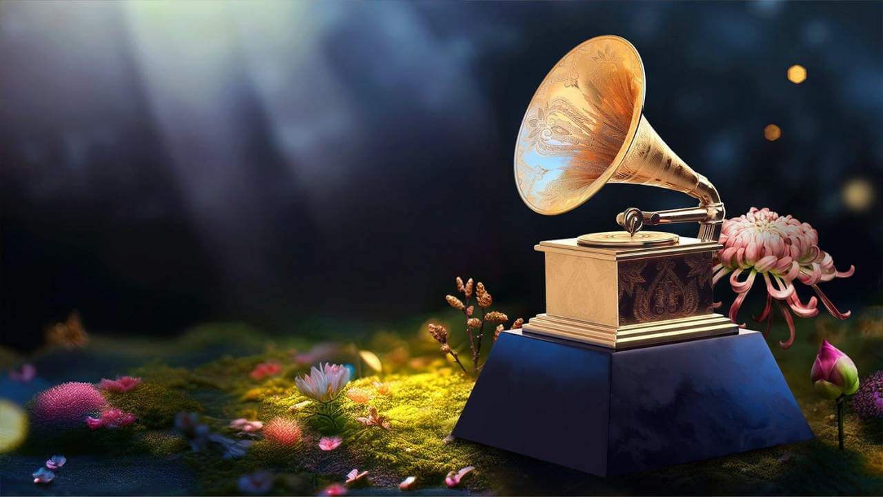 An elegant golden gramophone surrounded by flowers and moss, symbolizing musical excellence and Grammy-level achievement.