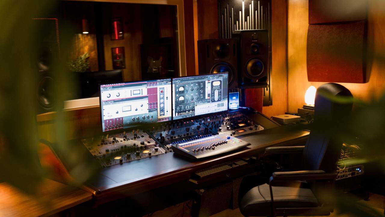 A professional music studio setup with a mixing console, dual monitors displaying audio plugins, studio monitors, and warm ambient lighting.